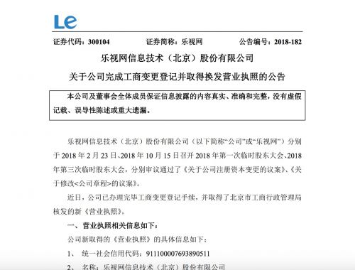 乐视网：完成工商变更登记并取得换发营业执照